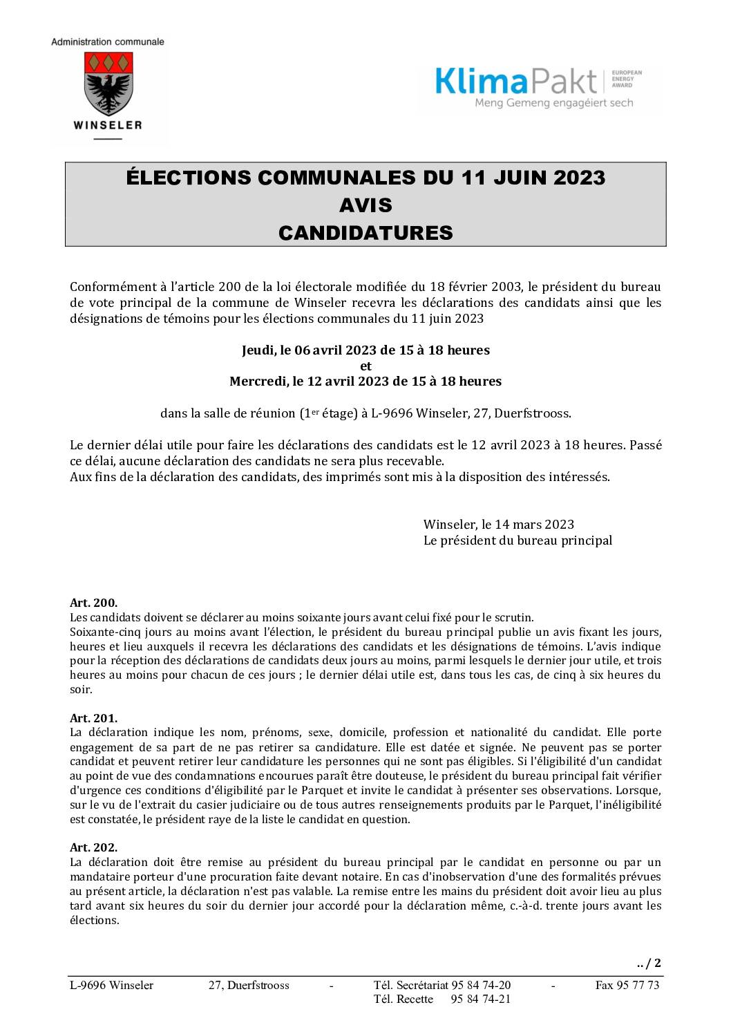 AVIS AU PUBLIC - Candidatures élections communales 2023