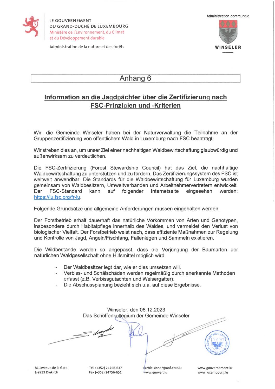 Information an die Jagdpächter über die Zertifizierung nach FSC-Prinzipien und -Kriterien