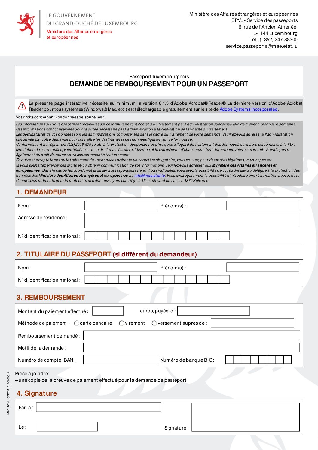 Demande de remboursement d'un passeport