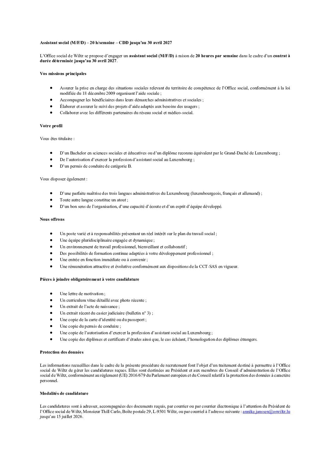 Assistant social (M/F/D) – 20 h/semaine – CDD jusqu’au 30 avril 2027