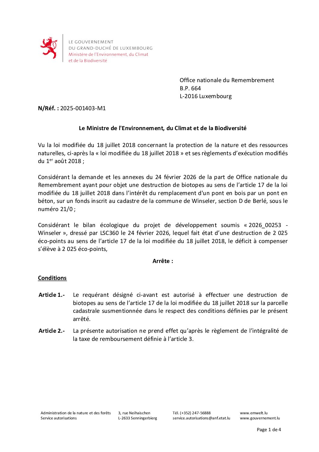 2026-04-14 - Autorisation pour la destruction de biotopes à Berlé au sens de l’article 17 de la loi