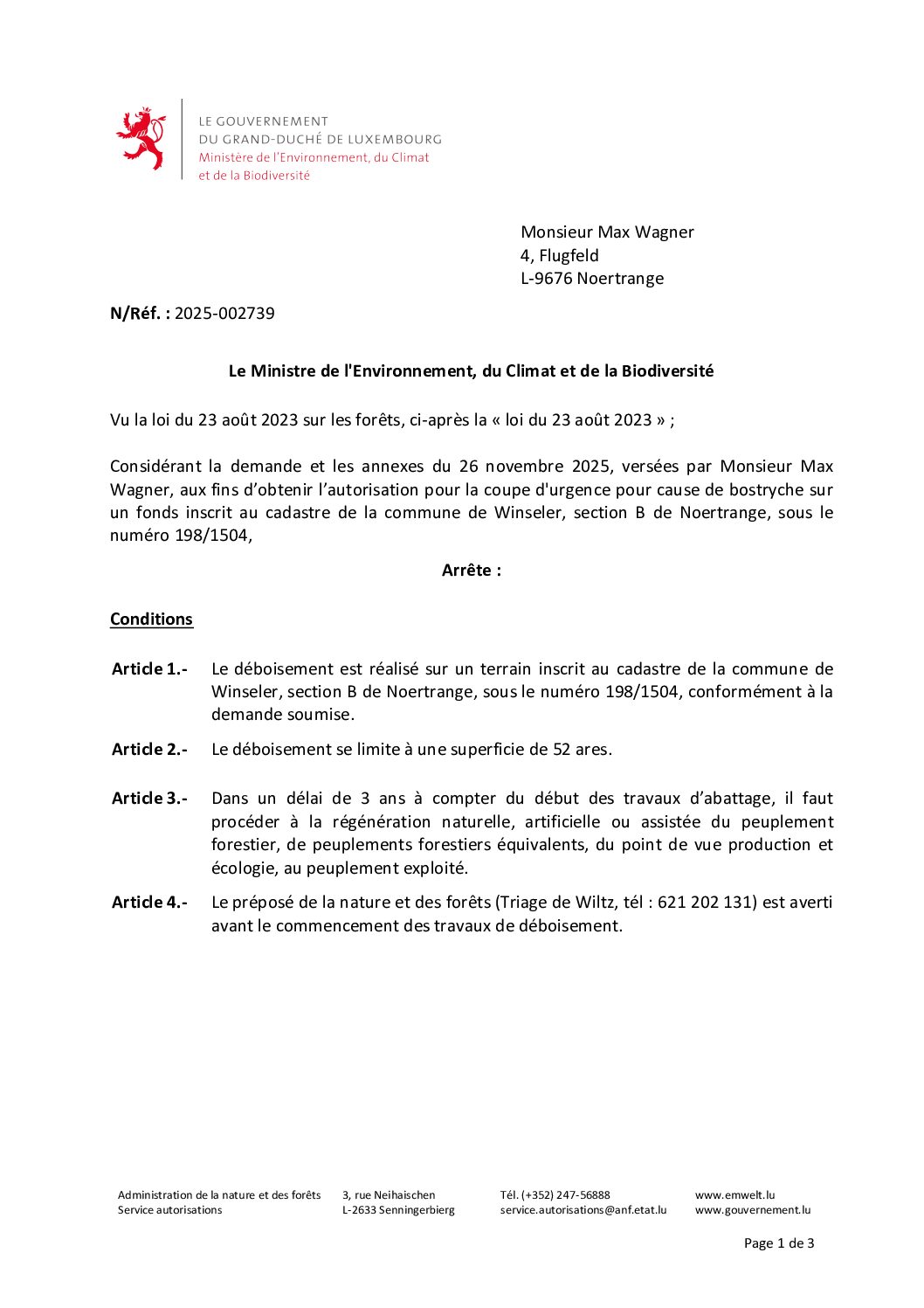 2026-04-15 - Autorisation pour une coupe d'urgence pour cause de bostryche à Noertrange