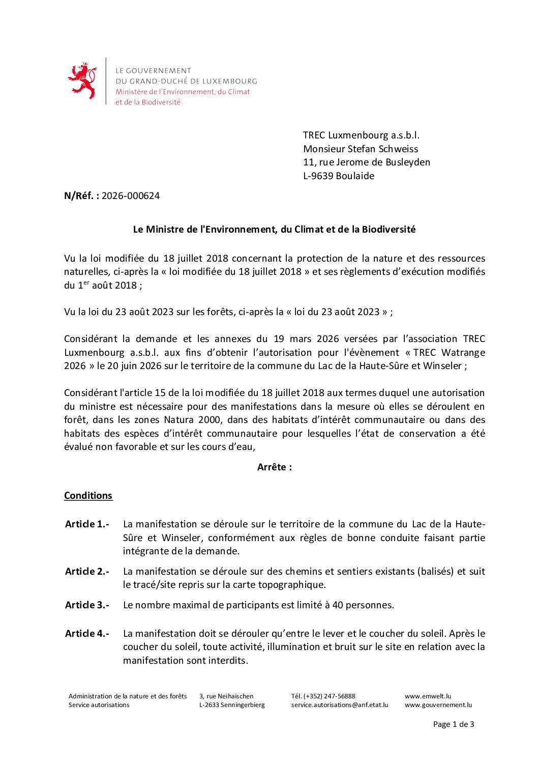 2026-04-21 - Autorisation pour l'évènement « TREC Watrange 2026 » le 20 juin 2026