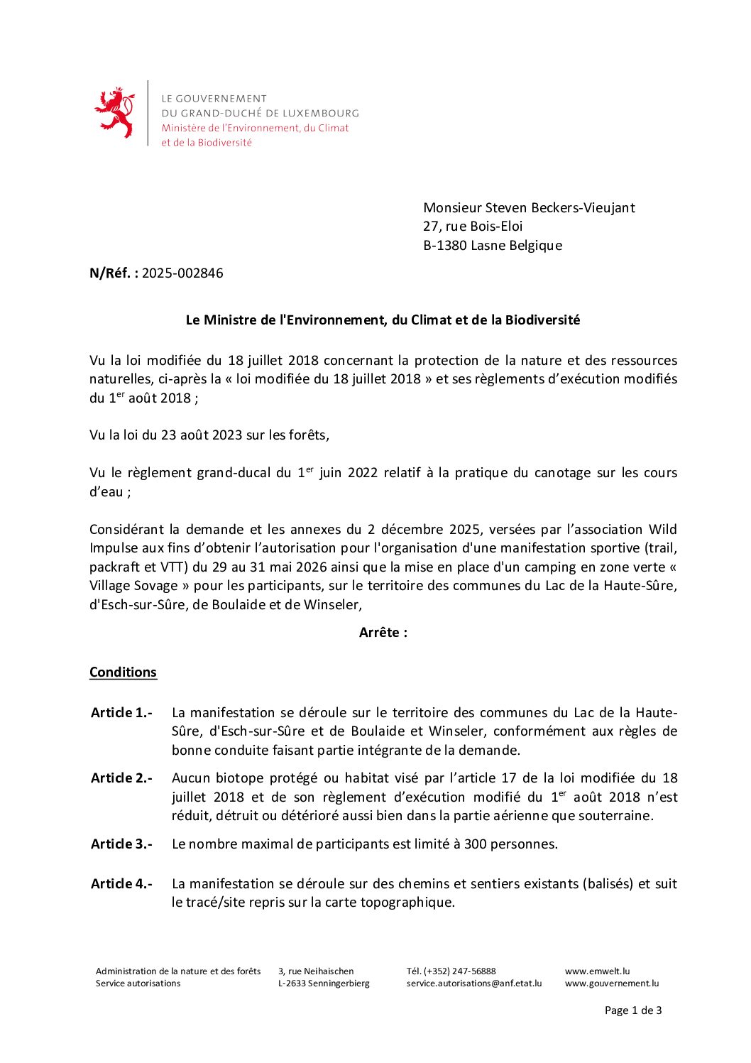 2026-05-27 - Autorisation pour l'organisation d'une manifestation sportive (trail, packraft et VTT) du 29 au 31 mai 2026