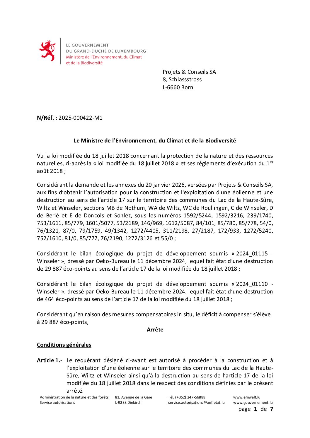 2026-07-13 - Autorisation pour la construction et l'exploitation d'une éolienne et la destruction au sens de l'article 17