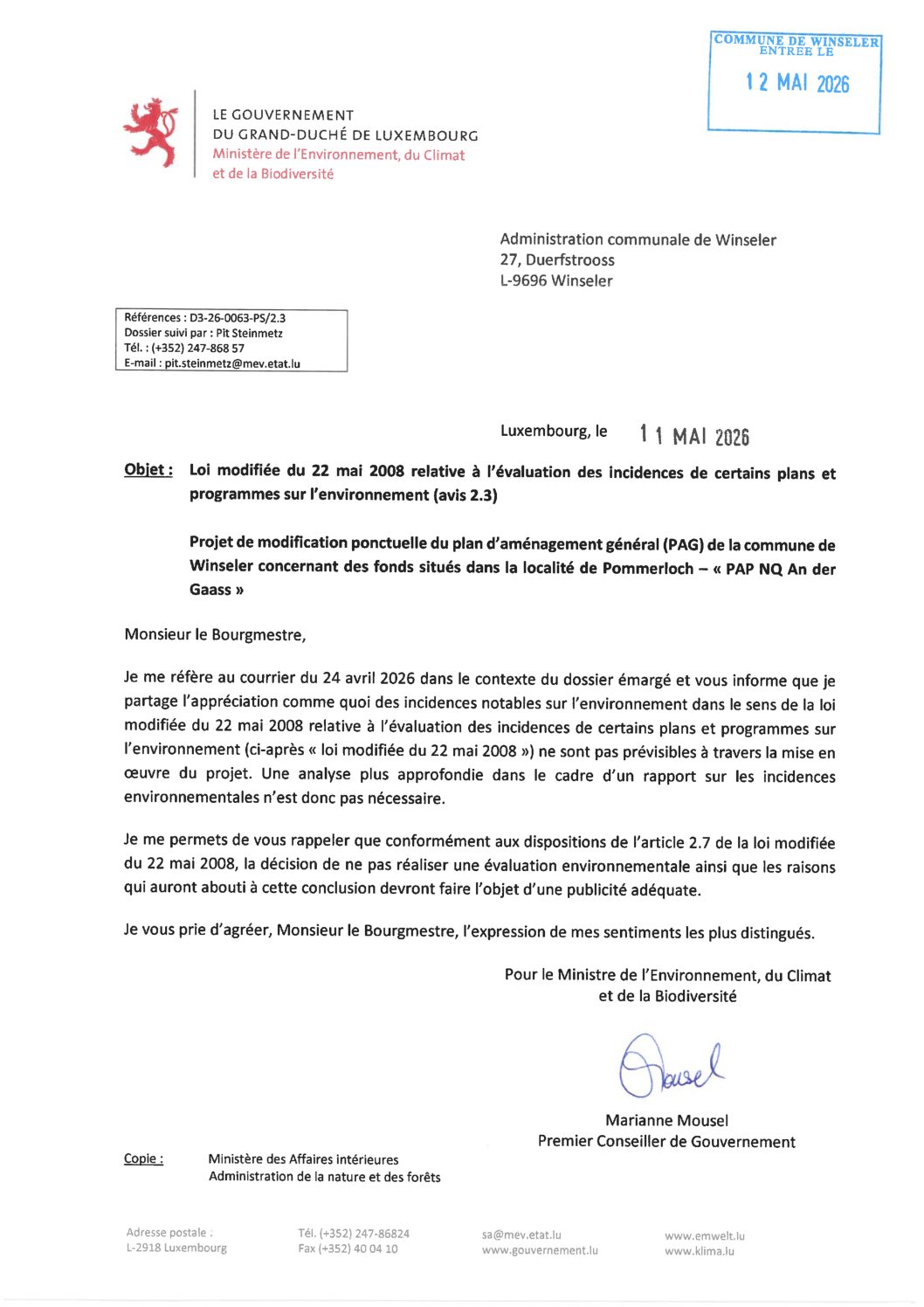 AVIS DU MINISTERE DE L'ENVIRONNEMENT, DU CLIMAT ET DE LA BIODIVERSITE