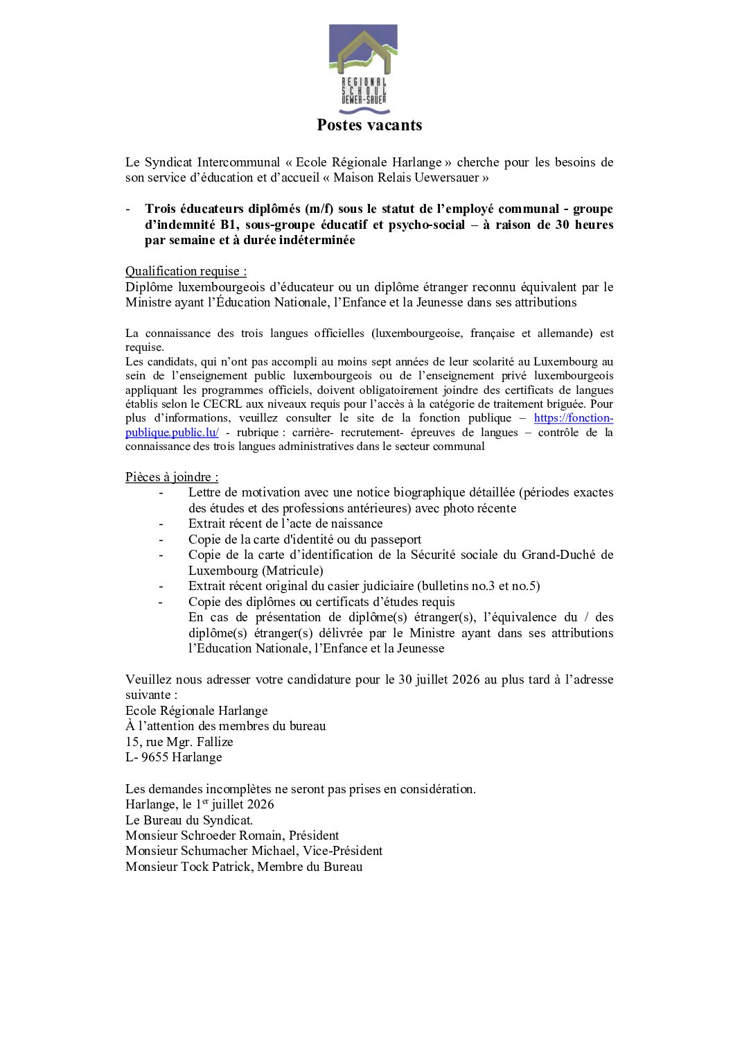 Postes vacants Maison relais Uewersauer